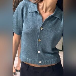 Zara Blue Short Sleeve Button-Up Cardigan
